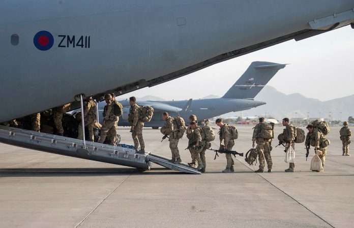 Image shows UK military personnel onboard a A400M aircraft departing Kabul, Afghanistan on the 28 August 2021. Photo: LPhot Ben Shread - UK MOD © Crown copyright 2021