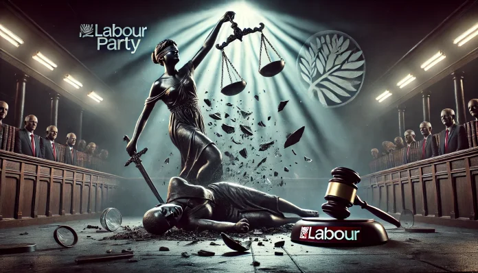 DALL·E 2025-03-06 07.17.11 - A dystopian courtroom scene featuring a broken justice system. The scales of justice are shattered, with one side completely broken off. Lady Justice