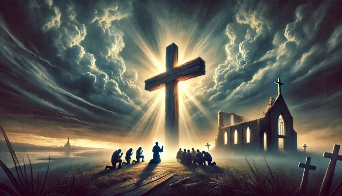 DALL·E 2025-03-11 11.30.18 - A striking digital painting depicting Christian faith in adversity. The image features a large wooden cross standing resilient against a stormy sky, s
