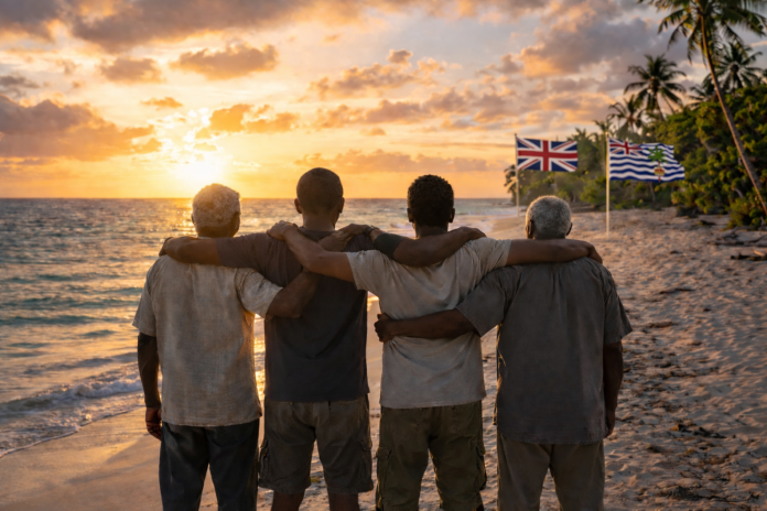 chagos Men at sunset on a beach