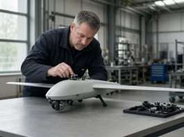 Britain Buys British Eyes in the Sky: £400m Tekever AR5 Deal and 1,000+ Small Drones for the Army Editorial photograph of a technician inspecting a small fixed-wing surveillance drone on a workshop bench in Britain.
