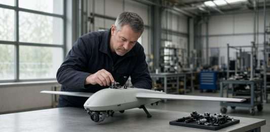 Editorial photograph of a technician inspecting a small fixed-wing surveillance drone on a workshop bench in Britain.
