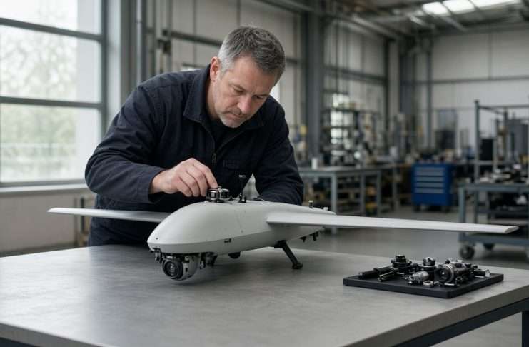 Editorial photograph of a technician inspecting a small fixed-wing surveillance drone on a workshop bench in Britain.