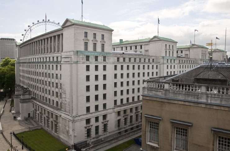 The Ministry of Defence Main Building in Whitehall, London, seen from above on an overcast day, file photograph