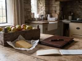 Illustration of a farmhouse kitchen table with a crate of apples, a wedge of cheddar, a closed leather folder with a pen and a blank open chequebook