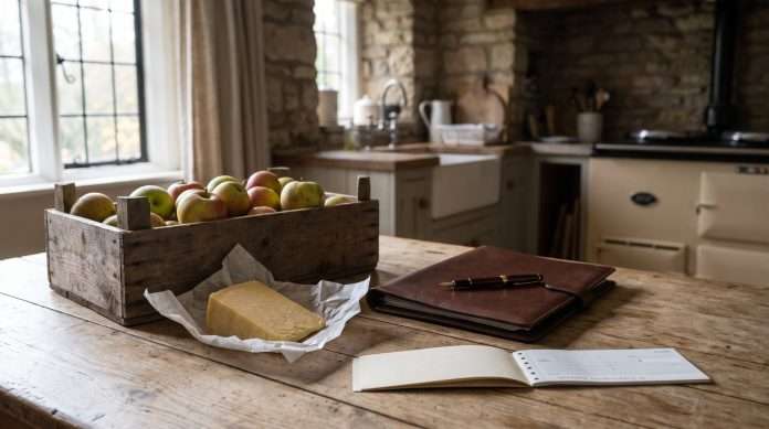 Concept illustration: farmhouse table with English produce, a closed folder and a blank chequebook Illustration of a farmhouse kitchen table with a crate of apples, a wedge of cheddar, a closed leather folder with a pen and a blank open chequebook